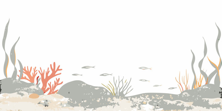 Underwater scene with coral rocks seaweed and small fish swimming around