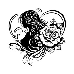 Silhouette of a woman with a rose inside a heart frame