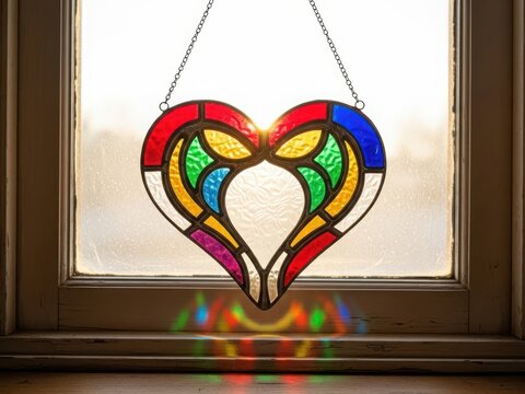 Vibrant stained glass heart suncatcher casting colorful light reflections on a windowpane