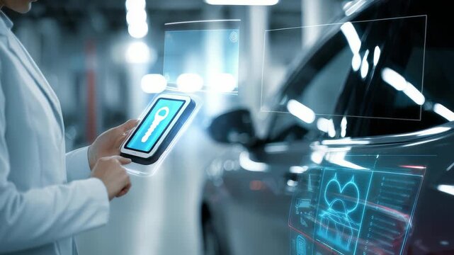 A professional in a white coat uses a digital tablet to monitor electric vehicle diagnostics near a modern car. Futuristic holographic interface displays battery and system data