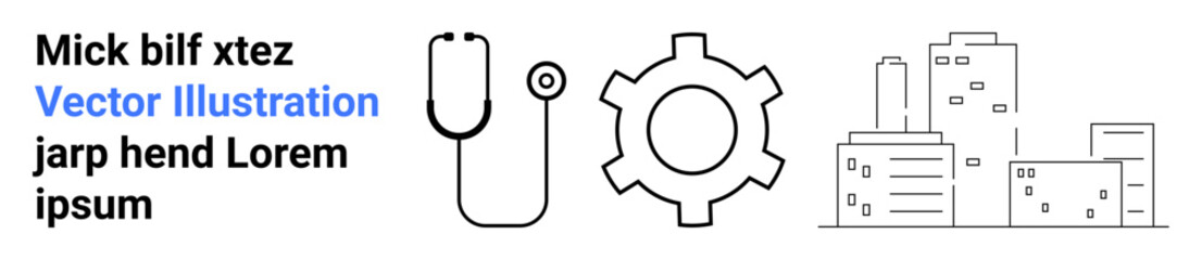 Stethoscope, gear symbol, and city skyline combined to represent healthcare, technology, urban planning, business innovation, data analysis, engineering, and simple landing page