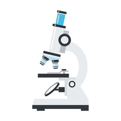 A detailed illustration of a white and blue laboratory microscope with multiple objective lenses and an eyepiece.
