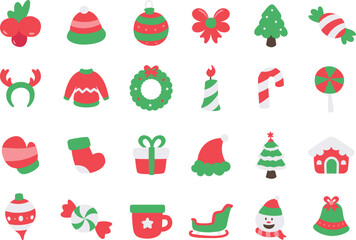Flat Christmas Vector Set. Cute Winter Holiday Illustration Collection
