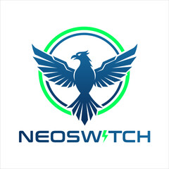 Neoswitch Phoenix Logo &ndash; Modern Blue Eagle Emblem with Energy Lightning Symbol