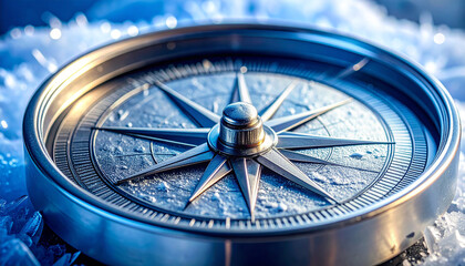 Fototapeta premium Navigating Direction: A close-up view of a classic compass, its intricate design hinting at exploration and discovery, lies against a backdrop of snowy landscape, inviting journeys.