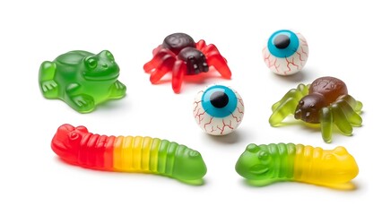 Assorted Halloween gummy candies including spiders eyeballs worms and frogs isolated on white backgr