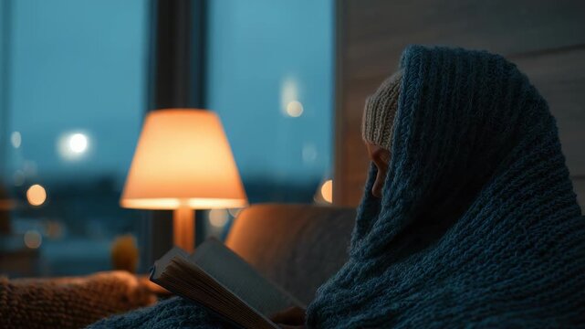 A person wrapped in a cozy blanket sits on a sofa reading a book by the warm glow of a lamp during a peaceful evening. The tranquil atmosphere creates a sense of comfort and relaxation
