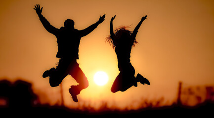 A motivated team silhouetted against a bold sunset, raising arms as a symbol of ambition.