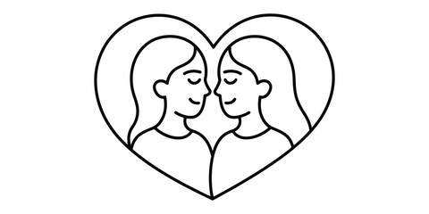Two women facing each other in a heart shaped line art illustration