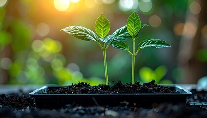 Two young green plants growing in rich soil with a blurred background