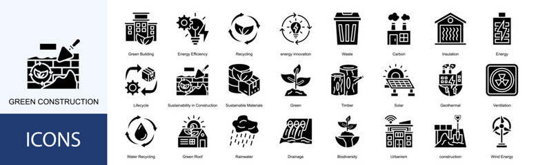 green construction icon collection set. Containing Green Building, Energy Efficiency, Recycling, energy innovation, Waste, Carbon icon