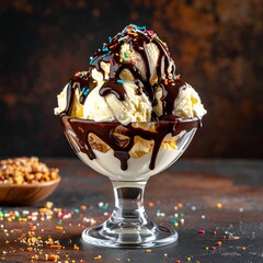 Vanilla ice cream sundae with chocolate sauce and colorful sprinkles