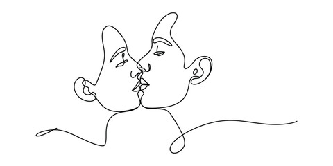 Continuous line drawing of two faces kissing in love and affection