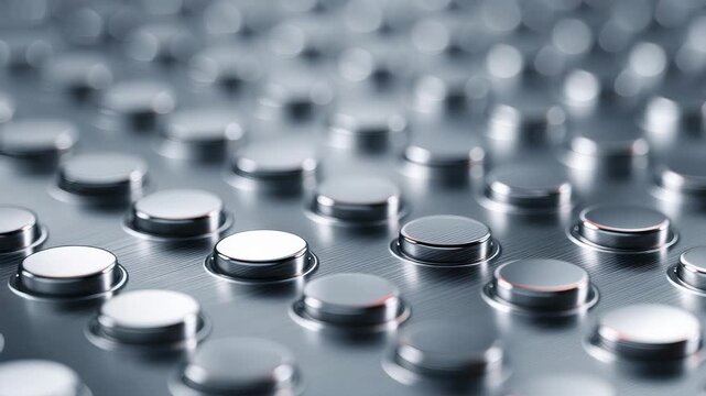 Closeup view of shiny metallic button batteries arranged in rows on a reflective surface, creating a modern industrial pattern. Macro shot highlights clean technology and energy storage innovation