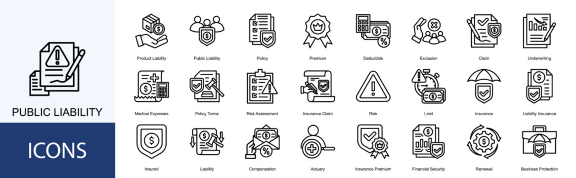 public liability icon collection set. Containing Product Liability, Policy, Premium, Deductible, Exclusion, Claim, Underwriting icon