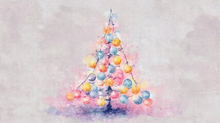 An artistic Christmas tree sketched in a soft watercolor style with gentle pastel hues A Christmas tree constructed from colorful glowing orbs floating in midair