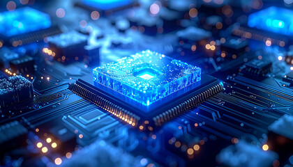 Illuminated Processor Chip: Close-up shot showcases a modern processor chip, its intricate circuitry glowing with digital energy, symbolizing the core of cutting-edge technology.