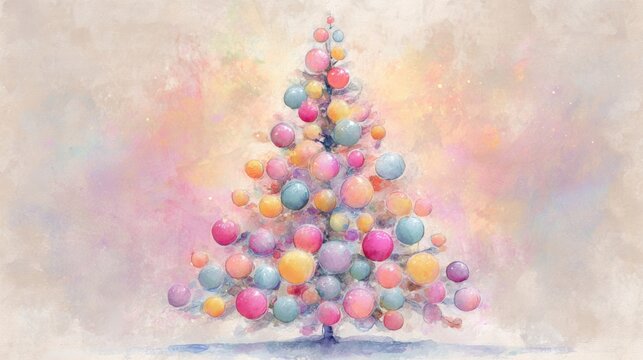 An artistic Christmas tree sketched in a soft watercolor style with gentle pastel hues A Christmas tree constructed from colorful glowing orbs floating in midair