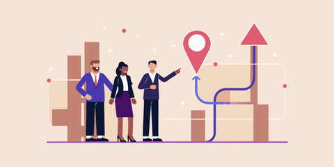 Business team analyzing growth chart with location pin strategy and success