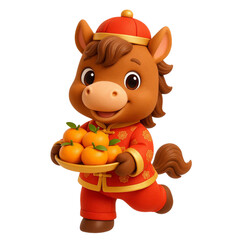 Adorable 3D Chibi Horse Holding Lucky Oranges, Chinese New Year, Year of the Horse