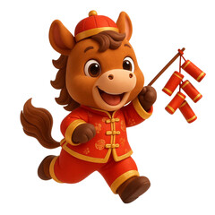 Adorable 3D Chibi Horse with Firecrackers, Chinese New Year, Year of the Horse