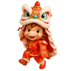 Adorable 3D Chibi Horse in Lion Dance Costume Holding (Prosperity) Banner and  (Good Fortune) Symbol, Chinese New Year, Year of the Horse
