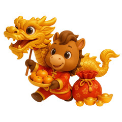 Adorable 3D Chibi Horse with Golden Dragon and Lucky Oranges, Chinese New Year, Year of the Horse