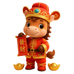Adorable 3D Chibi Horse Holding  (Prosperity) Scroll in Traditional Red Outfit, Chinese New Year, Year of the Horse