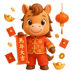 Adorable 3D Chibi Horse Holding (Great Luck in the Year of the Horse) Scroll, Chinese New Year