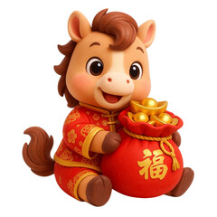 Adorable 3D Chibi Horse Holding Red Money Bag with  (Good Fortune) Symbol, Chinese New Year, Year of the Horse