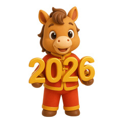Cute 3D Horse in Traditional Red Outfit Holding 2026 Numbers, Lunar New Year Style Illustration