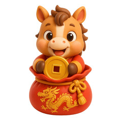 Adorable 3D Chibi Horse Holding Lucky Gold Coin Sitting in Red Money Bag with Dragon Pattern, Chinese New Year Them