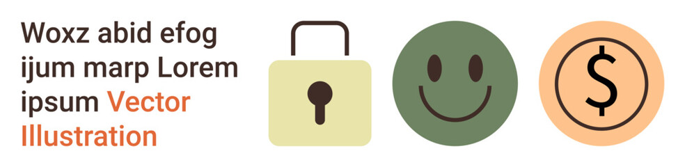 Privacy, feedback, finance, cybersecurity, online services, user satisfaction. Icons include a padlock, smiling face and dollar symbol. Privacy and feedback concepts with clear simple icons