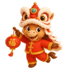 Adorable 3D Chibi Horse in Lion Dance Costume Holding Lantern with (Good Fortune) Symbol, Chinese New Year Theme