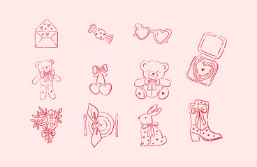Whimsical Valentine's day vector clipart. Cute retro hand drawn design elements	
