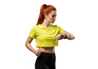 Attractive redhaired woman in sportswear checking her fitness tracker isolated on transparent background