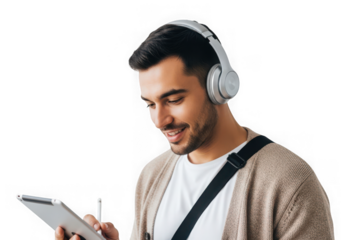 Smiling young man with headphones using a tablet isolated on transparent background technology concept