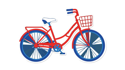 Fototapeta premium Red Retro Bicycle With Front Basket And Blue Wheels White Seat Detailed Outline On Black Background