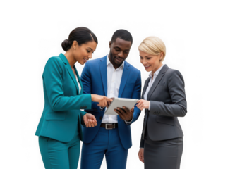 Three business colleagues are standing together and looking at a tablet isolated on transparent background