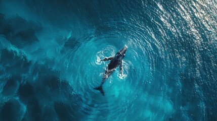 Obraz premium Aerial View of a Majestic Whale Swimming in Crystal Clear Ocean Waters with Sunlight Reflections Creating Beautiful Patterns