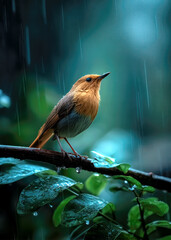 A vibrant bird with a striking orange belly sits quietly on a wet branch. Raindrops fall softly around it, creating a serene atmosphere in a lush green environment.