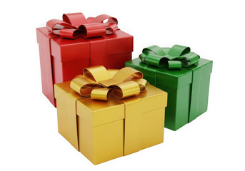 Naklejka premium Three colorful gift boxes, red, green and gold, isolated on transparent background, for christmas and birthday