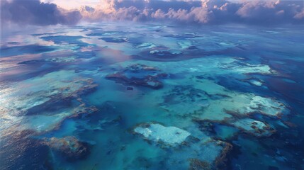 Serene Aerial View of Crystal Blue Ocean Over Vibrant Coral Reefs Under Dramatic Cloudscape at Sunset