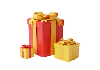 Fototapeta premium Three gift boxes of different sizes, red and yellow, isolated on transparent background holiday presents