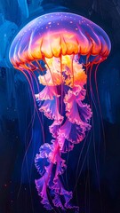 Vibrant jellyfish swims in abstract, dark blue painted water