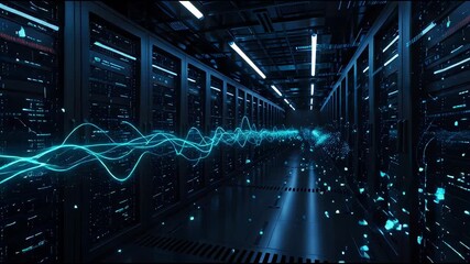 Streaming data center corridor with glowing digital waves - Powered by Adobe