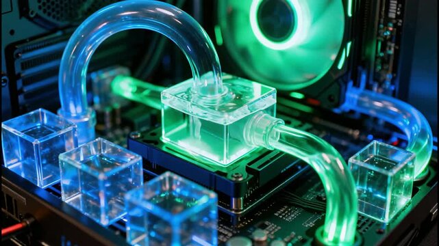 Custom PC liquid cooling system with neon green and blue lighting showcasing intricate tubing and