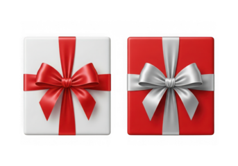 Two elegant gift boxes with red and silver ribbons isolated on transparent background, perfect for any occasion