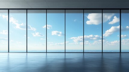 Plakat Modern office panoramic city view, bright sky, spacious room, ideal for business