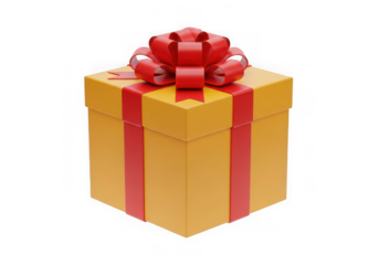 A yellow gift box with a red ribbon and bow isolated on transparent background, perfect for celebrations